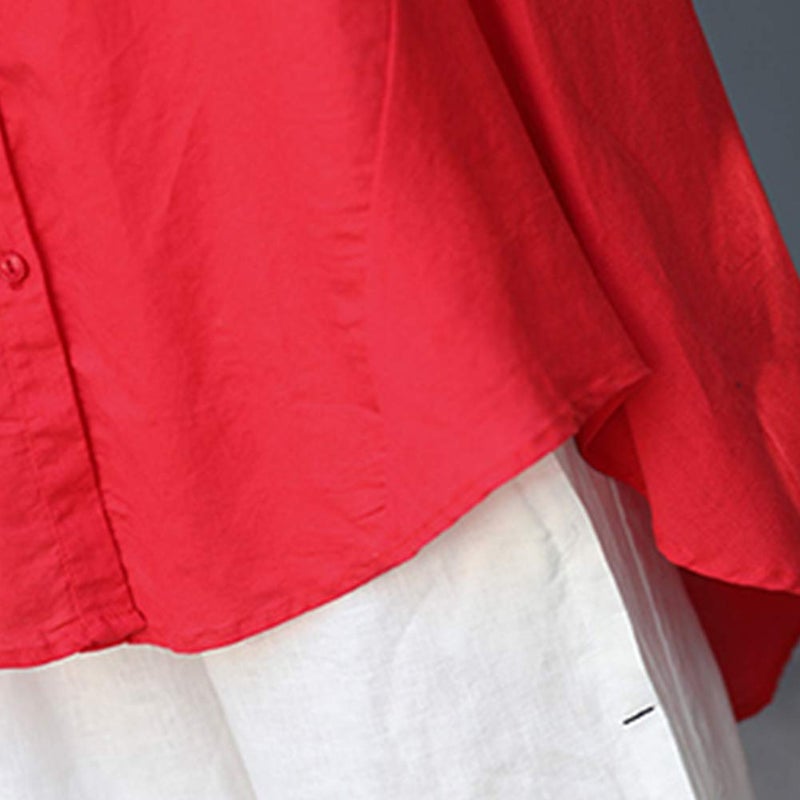 Minibee Women's Cotton Linen Shirt High Low Button Down Embroidered Blouse Long Sleeve Tunic Tops Red L - Image 4